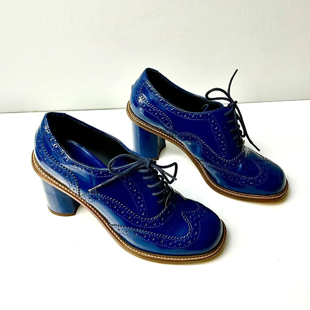 NIU Navy Patent Leather Brogue Oxford Heels Lace-Up Block Heel IT 38 Italy